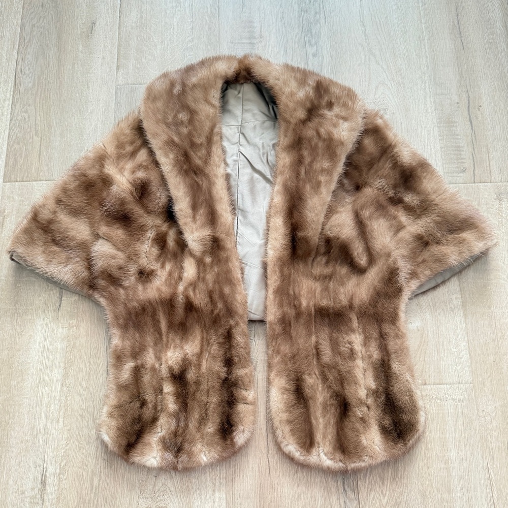 Vintage Luxury Mink Fur Wrap Shrug Stole Cape W/ Pocket Jacket Nature Brown